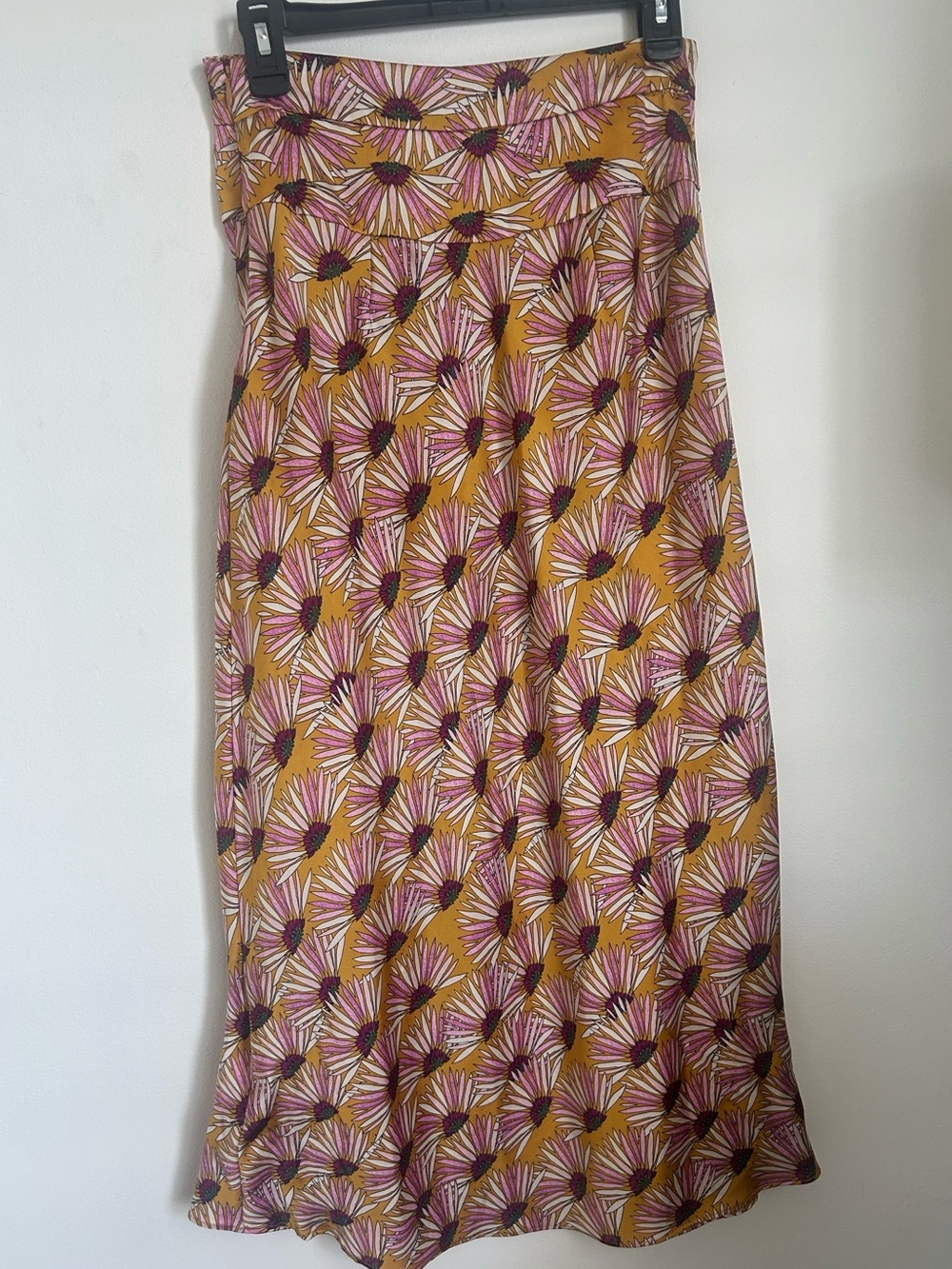 Free People silky Mustard Floral Midi Skirt with Pink Accents